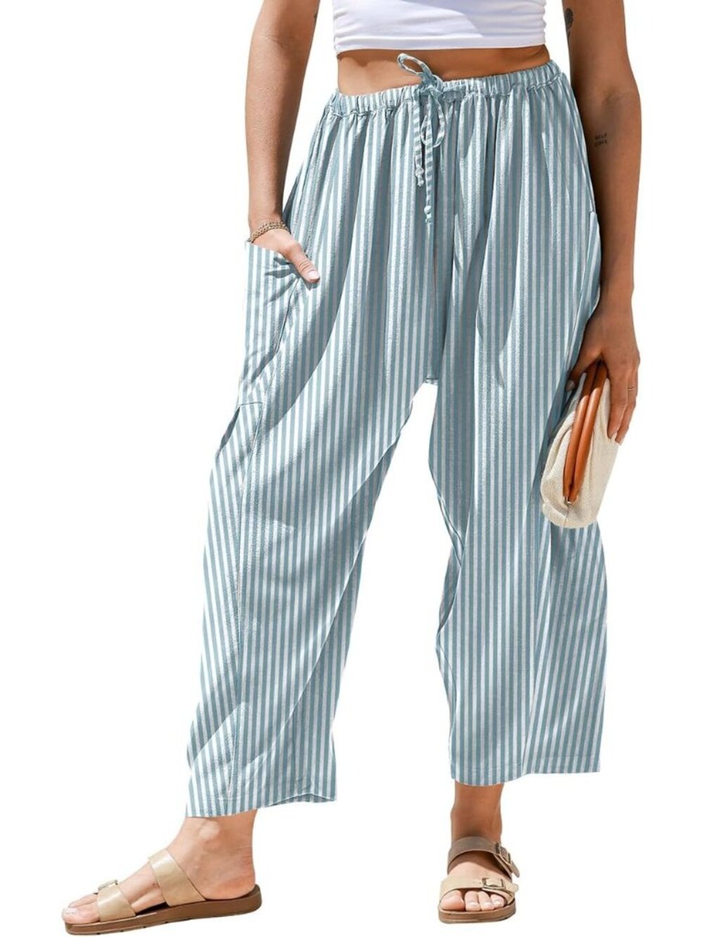 Womens Malachite Green Linen Wide Leg Striped Palazzo Harem Walking Holiday Pant